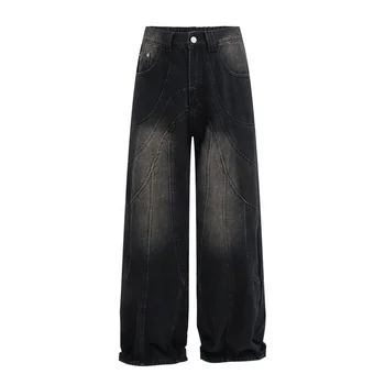 STARLIGHT Man Baggy Vintage Wash Jeans Wave Seam Sun Fade Heavyweight Wide Leg Fashion Streetwear Men Denim Jeans For Men
