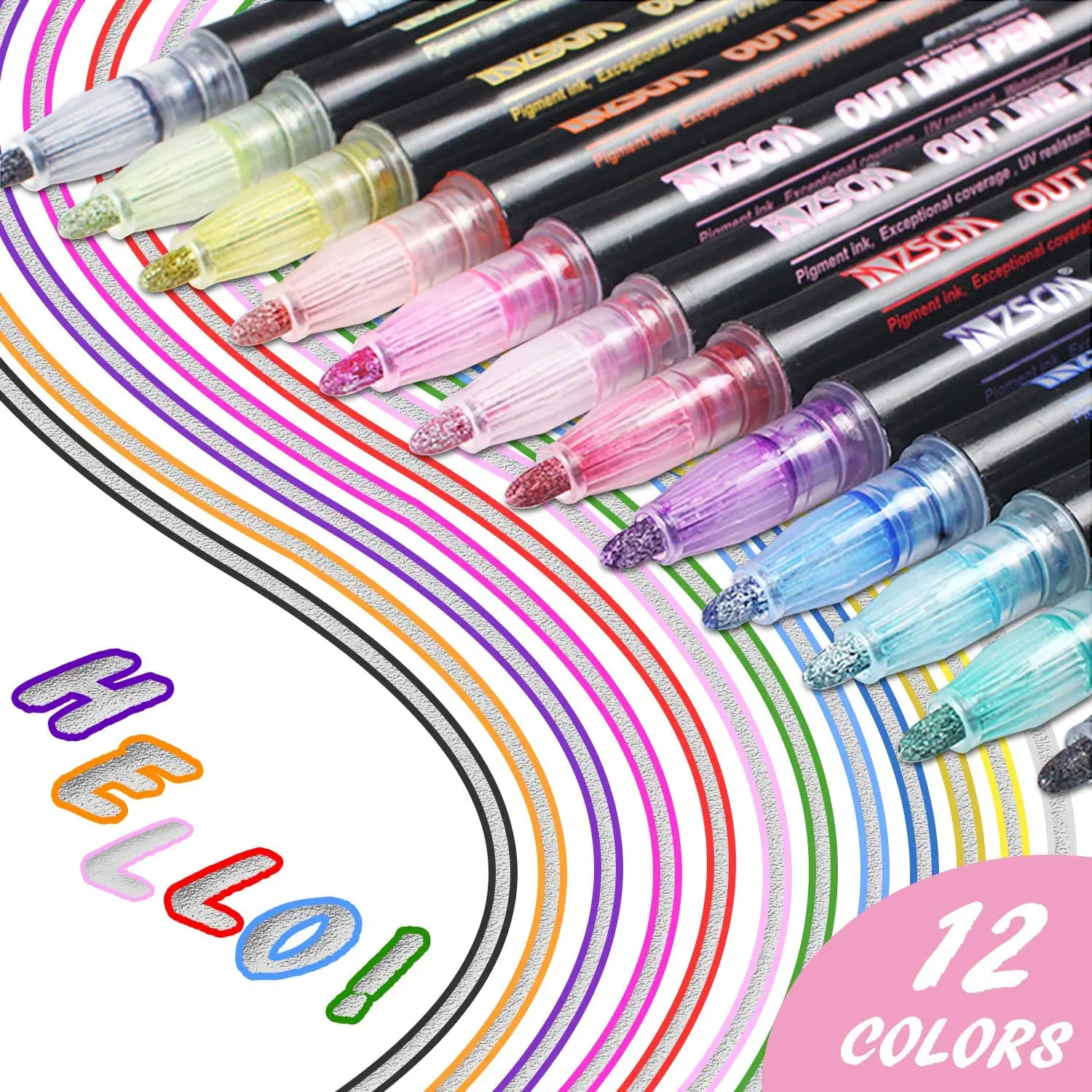 ZSCM Outline Metallic, 12 Colors Double Line Paint Permanent Marker Pens