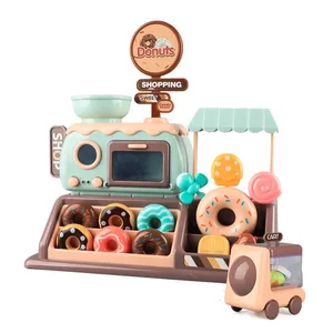 ITTL  Plastic Doughnut Shop Play Food Set Children's Role Play House Music Light Candy Cart Toy for Kid
