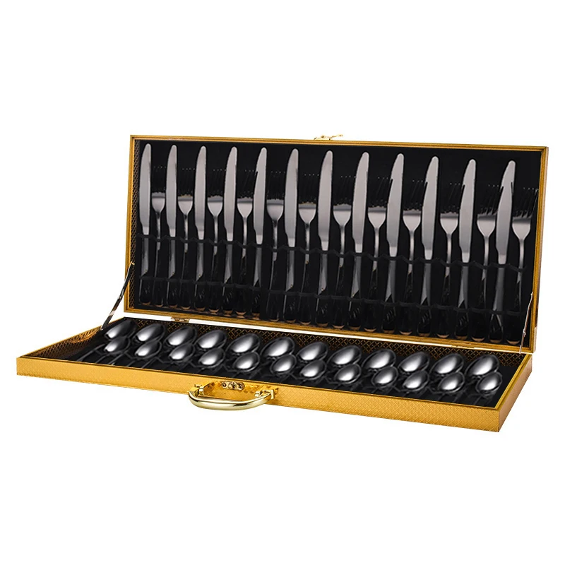 Golden Wooden Box Flatware Knife Fork Spoon 48pcs Case Stainless Steel