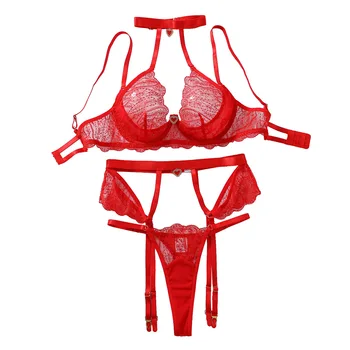 High Quality Three-Piece Sexy Womens Bra Underwire See-Through Embroidery Love Pendant Complex Craft Fashion Lingerie Wholesale
