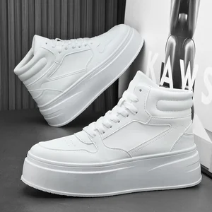 Thick-soled High-Top Men's Platform Shoes White Solid Color Casual Board Shoes