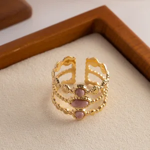 MW Women's French - Style Retro Ring with Natural Rhodonite, Adjustable, Stainless Steel, Non - Fading and Open - Ended