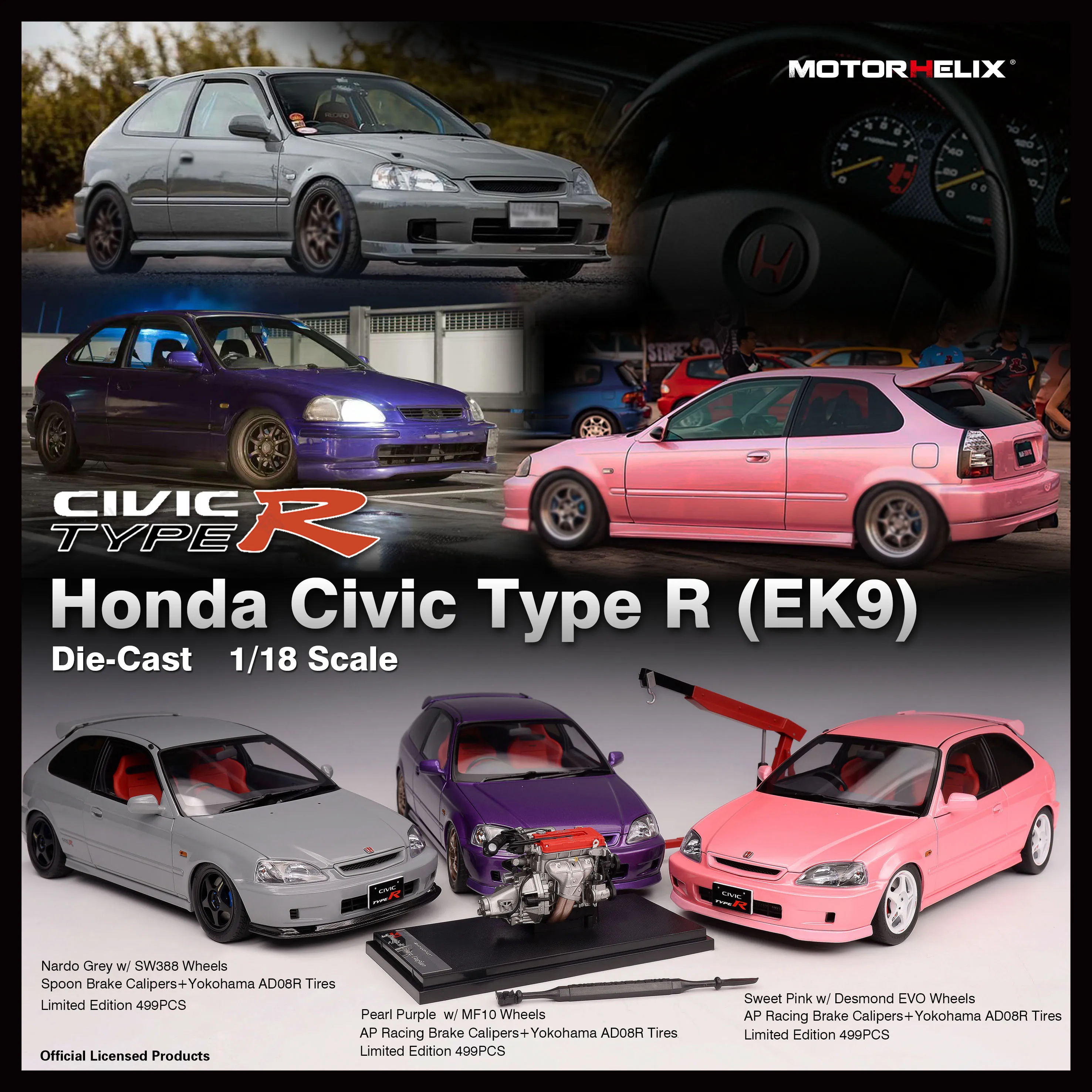 1:18 MOTORHELIX HONDA Civic Type R (EK9) Starlight Black Pearl + Moteur