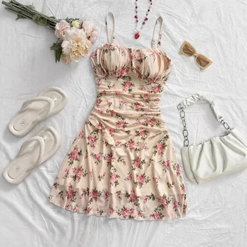 Euro-American Style Strap Short Skirt Bikini Floral Printed Collarless Summer Spaghetti Strap Mesh Fabric Holiday Beach Dress