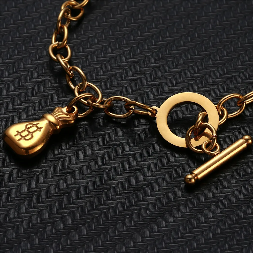 Stainless Steel Chain OT Clasp Toggle Bracelet Purse Dollar Symbol Ankh Charm Bracelet for Women Men Cross Jewelry