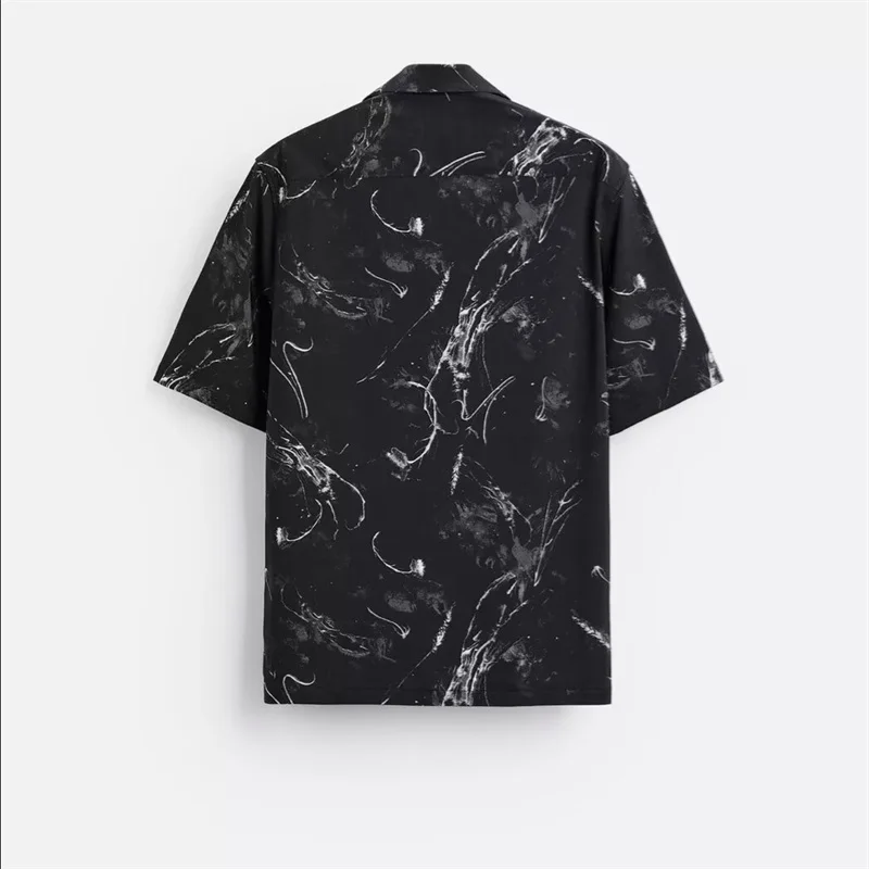 TAOP&ZA 2025 Spring New Men's Black Loose Casual Comfortable Printed Elastic Short Sleeve Shirt 7545410