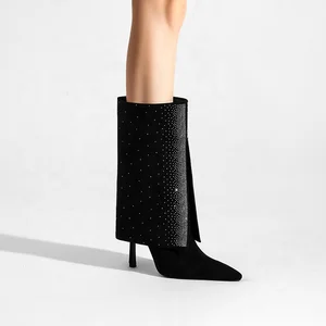 Custom Black Faux Suede Rhinestone Mid-Calf Boots with Pointed Toe and Flared Stiletto Heel
