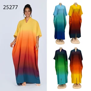 Wholesale Summer Printed Casual Muslim Robe Gradient Tie-Dye Short Sleeve V-Neck Dress