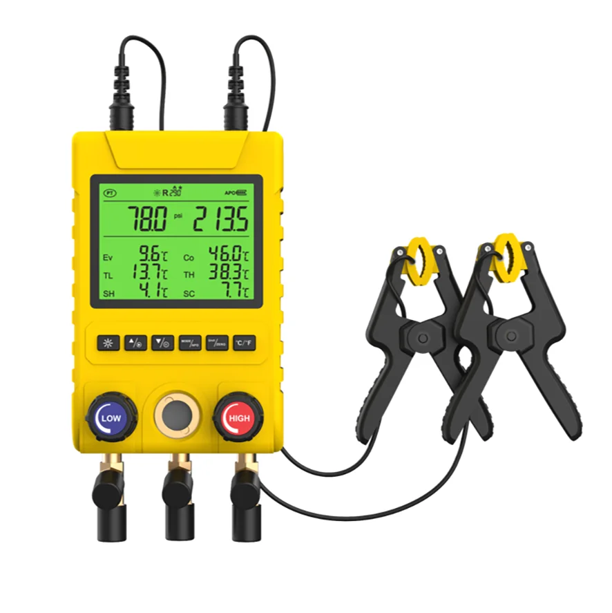 China Factory HVAC Refrigeration Digital Manifold Gauge Set Air Conditioning Pressure Gauge with Temperature Tester for Sale