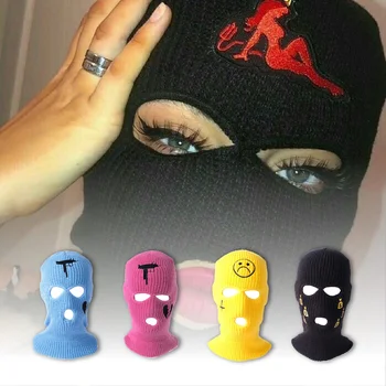 Custom Logo Embroidered Knitted Balaclava Ski Mask Face Mask 3 Hole for Man