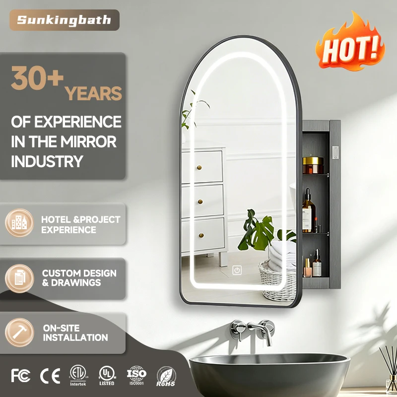 Recessed Arch LED Mirror Cabinet Anti-Fog Water Resistant IP44 Wall Mounted Arched Bathroom Storage Cabinet Adjustable Shelves