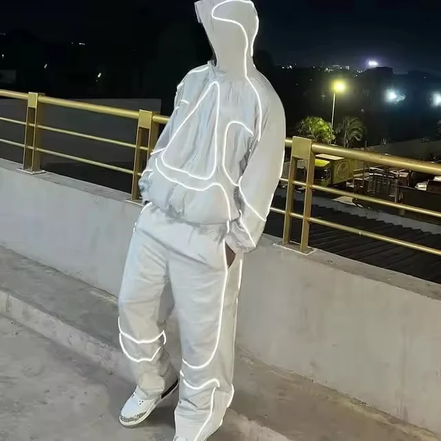 Custom Oversize Sportwear Streetwear Casual Sweatsuit 3M Reflective Jacket and Jogger Set Windbreaker Nylon Men's Tracksuit gallery 3