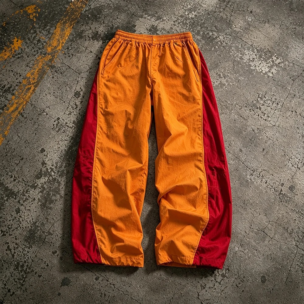 Custom Patchwork Color Block Mens Sports Waterproof Oversize Baggy Wide Leg Windbreaker Polyester Nylon Pants Men