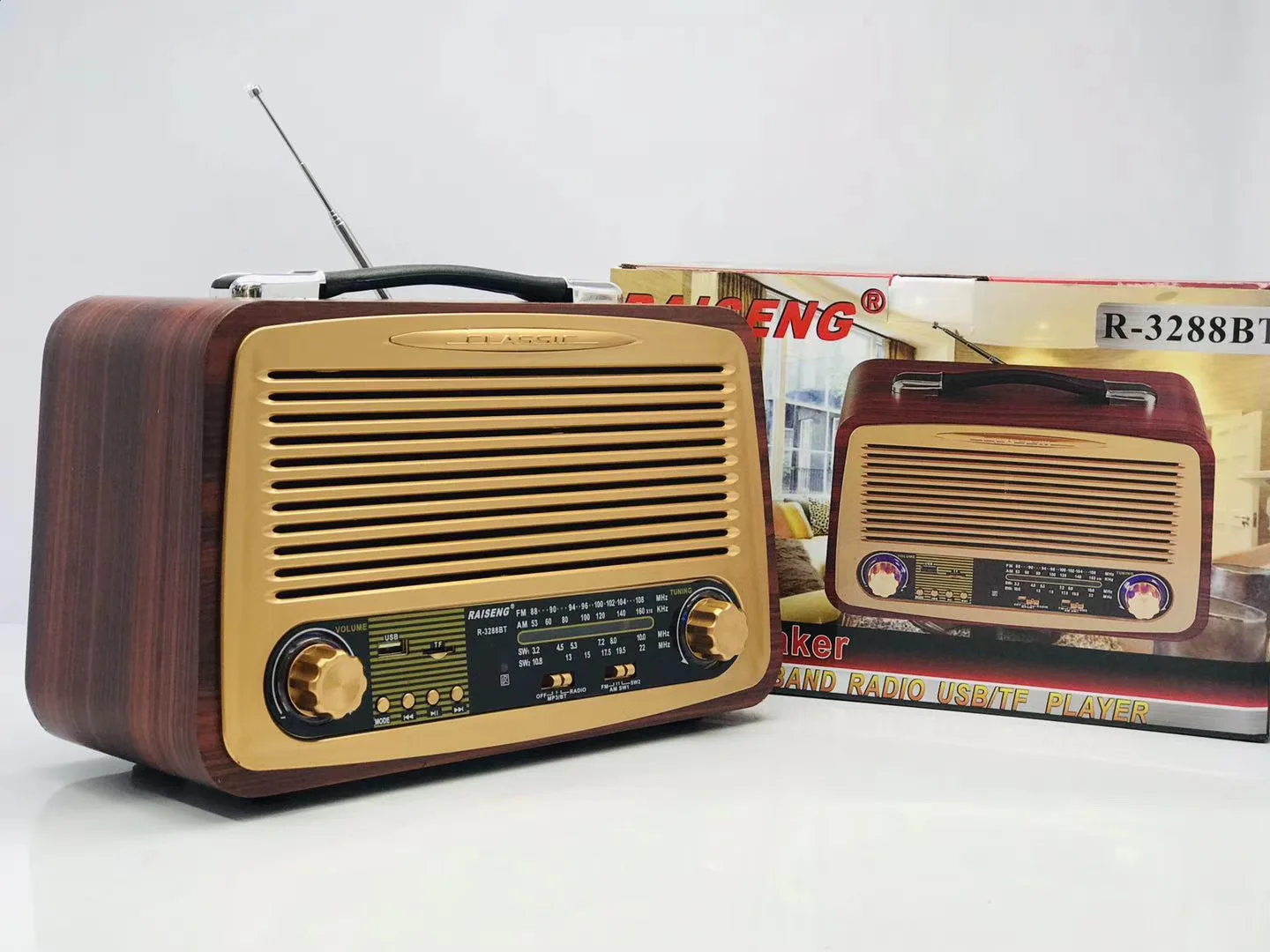 RAISENG R-3288BT レトロ ヴィンテージ 木製カラー ラジオ AC/DC