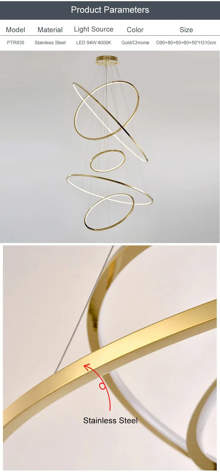 ptr835 unique design indoor decoration lighting hotel villa stainless steel round modern led chandelier-2