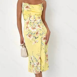 Women's Yellow Floral Print Midi Dress 2025 Summer Casual Style Young Ladies' Empire Waistline Collarless Breathable Woven