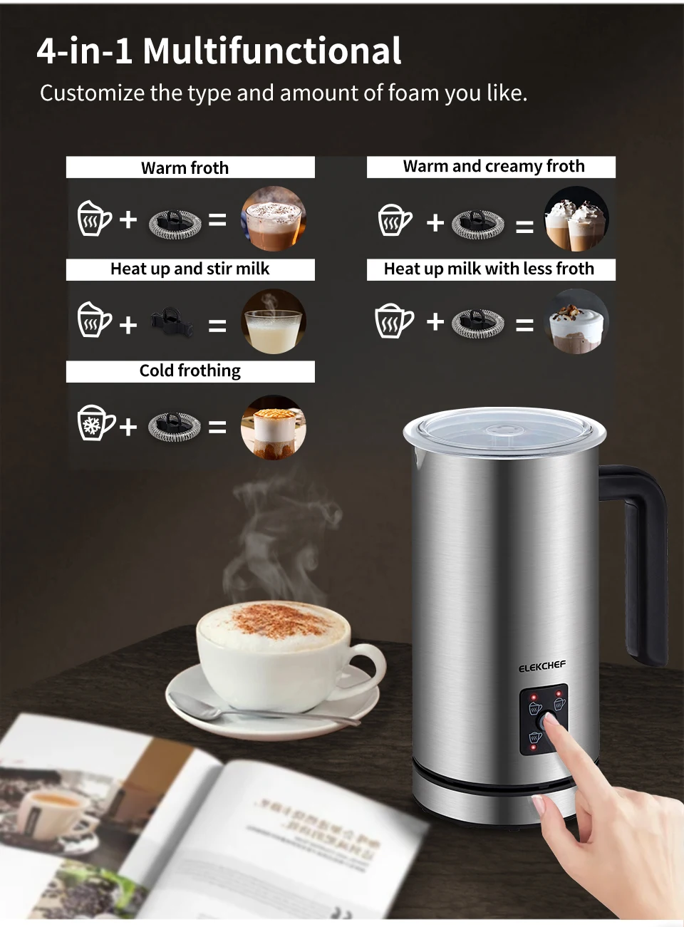 Electric Milk Frother Soft Foam Warmer for Coffee Essperso Cappuccino Milk  Steamer 3 Function Creamer Milk Heater (Silver EU)