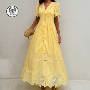 China Wholesale Custom Fashion V-neck Short Sleeve Casual Summer Pink Women Elegant Maxi Dress