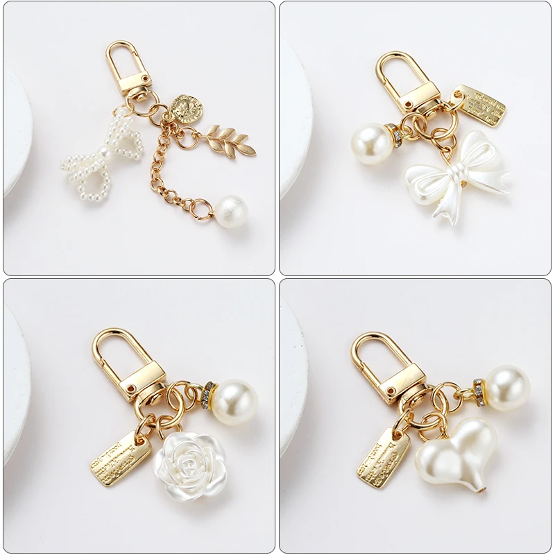 Fresh Creative New Pearl Alloy Keychain Pendant Bow Lock Key Accessories with Heart and Bag Made of Durable Acrylic Plastic