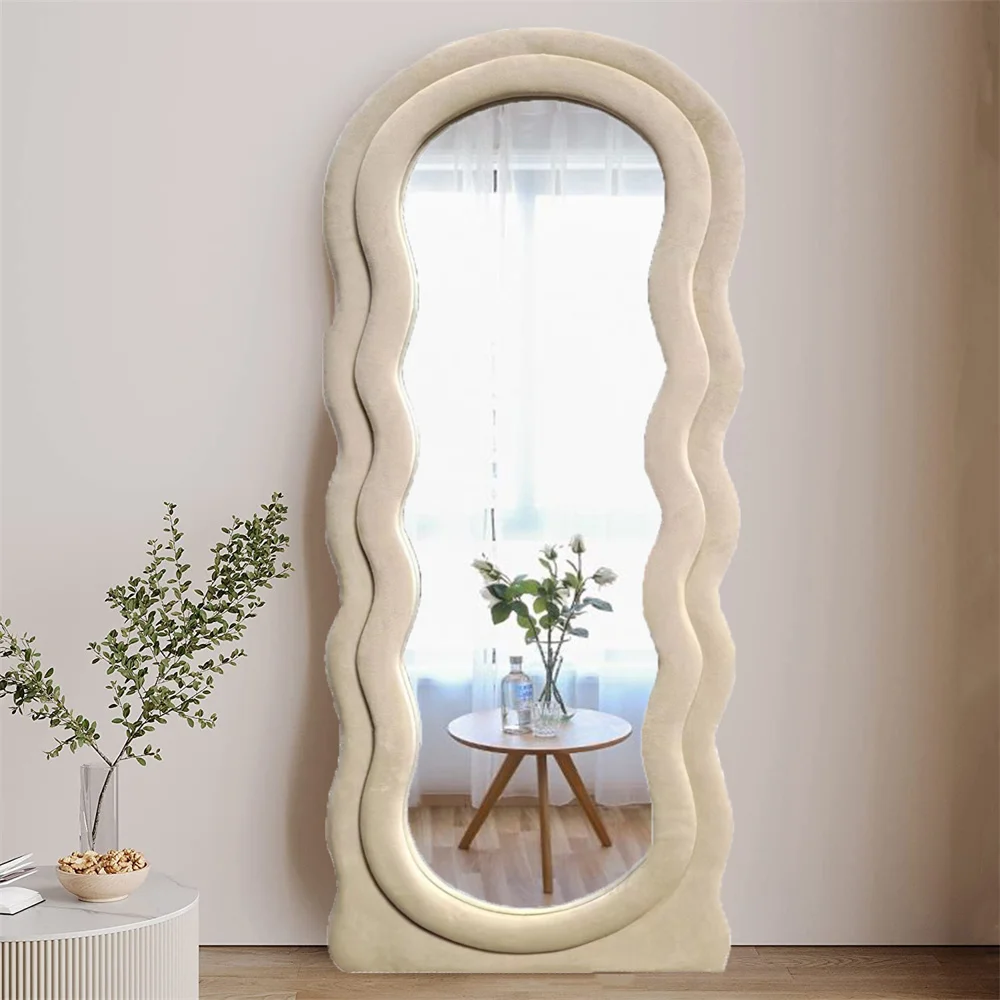 Custom Asymmetrical Arch Irregular Full Length Wavy Wall Mounted Aesthetic Home Decor Plush Wave Standing Mirror Miroir Spiegel