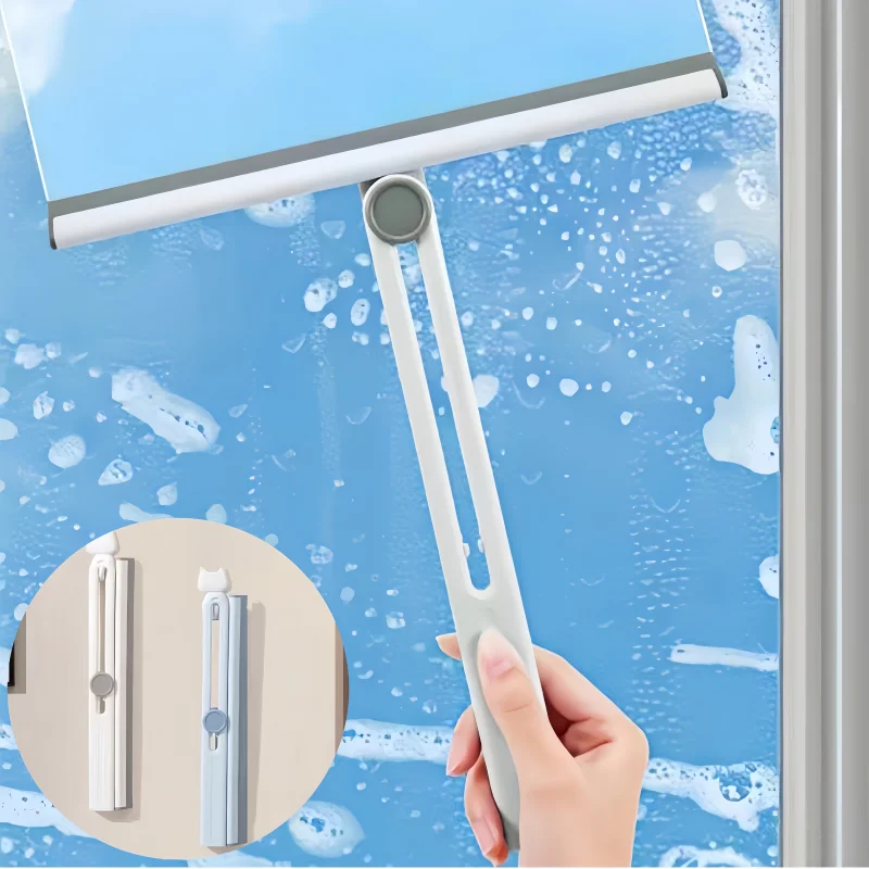 Upgraded 360 Degree Rotating Plastic Window Squeegee T-Shape Glass Wiper with Folding Storage TPR Long Handle