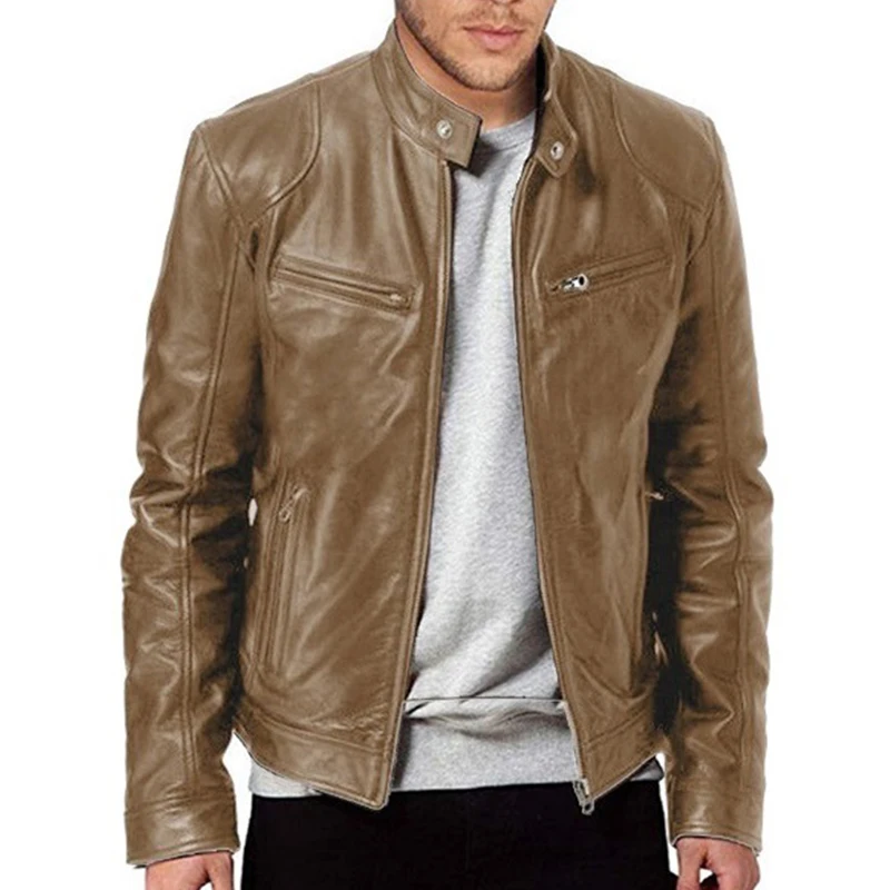 2024 PU Leather Zipper Men Spring Autumn Coat Men's Fashion Stand Collar Slim Casual Tops Jacket_voghion.com
