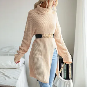 New Women's Autumn and Winter Leisure Lazy Style Mid-Length Split High-Neck Solid Color Women's Sweater Clothing Manufacturer
