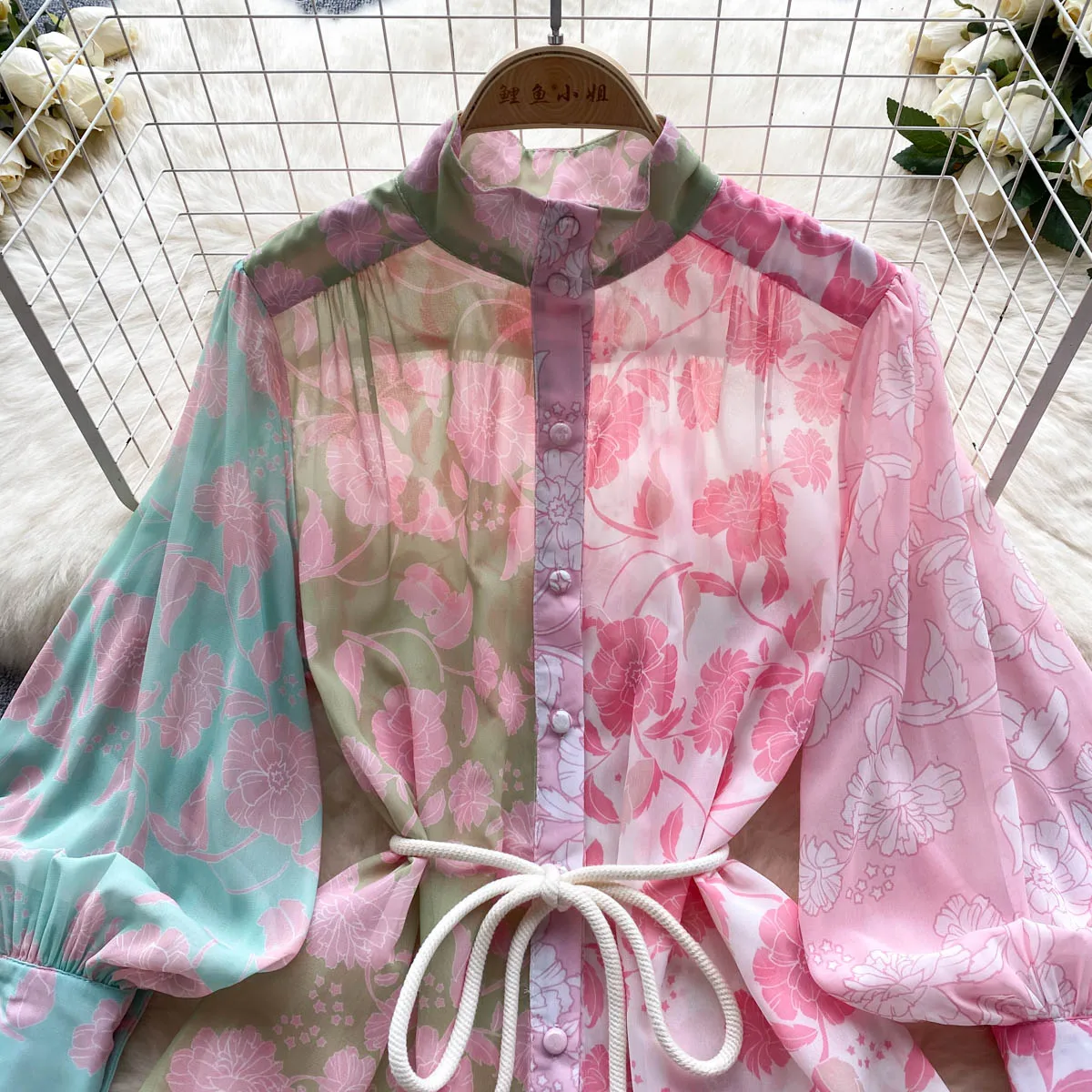 Printed Standing Collar Long-sleeved Casual Dress Women's Spring And ...