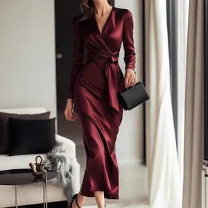 Satin Cross Tie Casual Dress Long Sleeved with V-neck Elegant Women Dress
