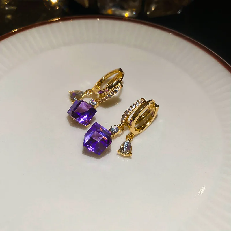 Double Layer Water Droplet Purple Diamond Genuine Gold Electroplating Fashion Elegant Luxury Wholesale Stud Earrings for Women