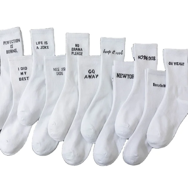 English letters print good comfort white men and women English words customized hot sell crew tube socks