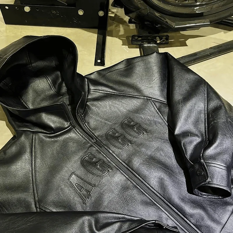 Custom High Quality Hoodie Jacket 3D Embossed Zip up Oversized Black Motorcycle Outwear Hip Hop Streetwear Leather Jacket Men gallery 2