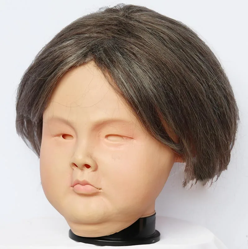 Realistic Human Face Latex Mask with Wig Full Head Silicone Funny Baby Girl Joke Novelty Costume Mask for Adult