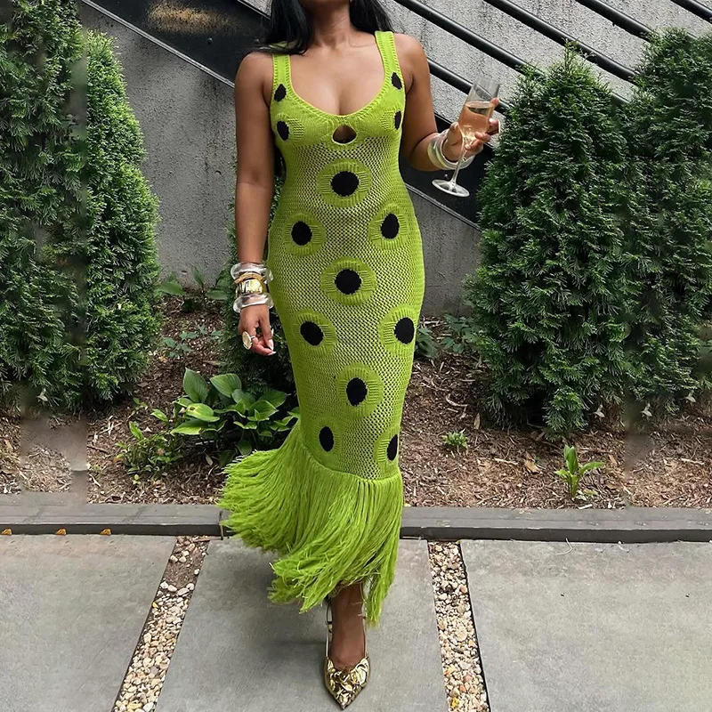 dark green polka dot dress Summer Rustic Boho Flowy Bridesmaid Dresses with Slit FS045 main image 1