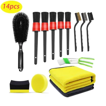 14 pcs Detailing Brush Set Car Cleaning Brushes Power Scrubber Drill cleaning Brush For Car Leather Air Vents Rim Polisher