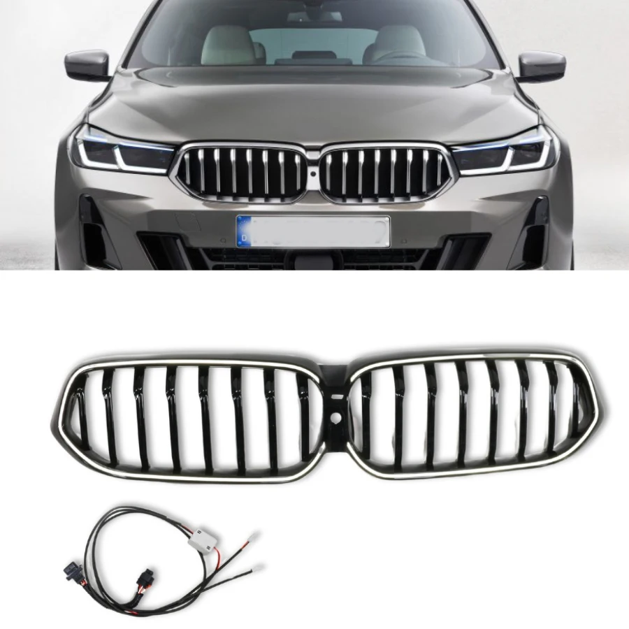 TIYPEOR Racing Grille Body Kit for 2021-2022 BMW 6 Series GT G32 LCI Double Line Front Center Grille LED Light