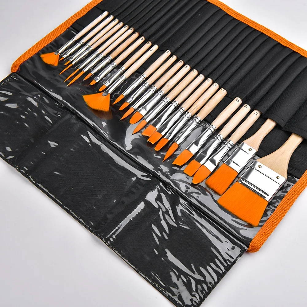 24PCS Nylon Wool Brush High Quality Wood Large Paint Brush Kit Gouache Acrylic Painting Brush Pen Set with Bag