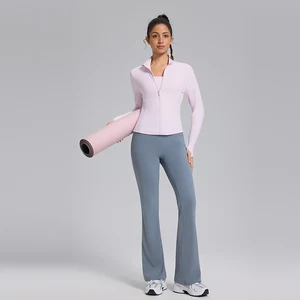 Custom High Quality Tight Long Sleeves Sports Yoga Jacket Leggings Suits Hip Lifting Flared Pants Gym Fitness Workout Set Women