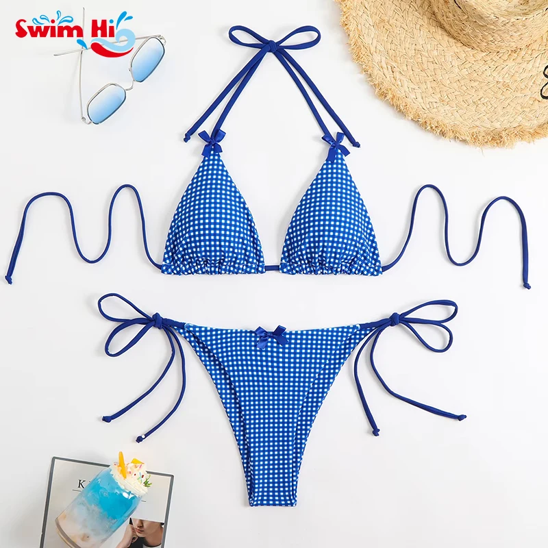 Wholesale Custom Bikinis for Women 4 Color Options Spandex Plaid Pattern Women Bikini Swimwear