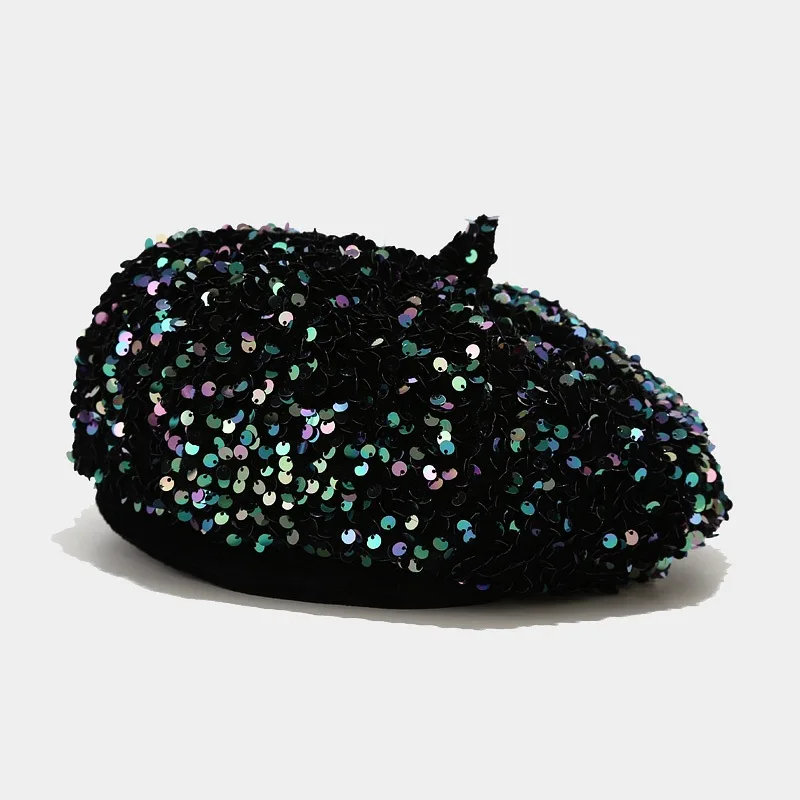Free People Black Sequin Beret LUCKYBUNNY Sequin Beret Artist Hat Bling French Beret Hats  main image 4