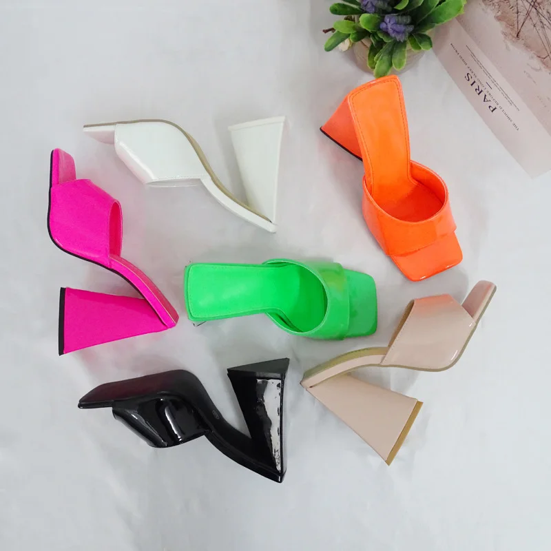 2023 New Fashion High-heeled Slippers  Outerwear Patent Leather Open Square Toe Chunky Heel Women Sandals - Image 2