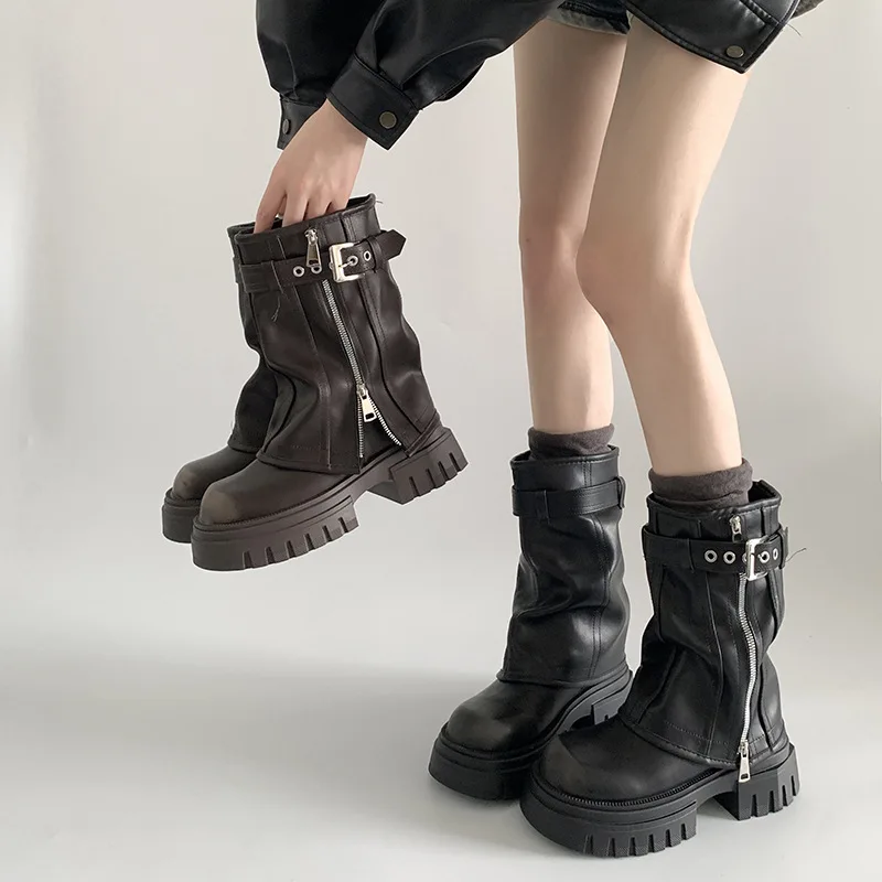 Fashion Thick Sole Widen Shaft Black Short Boots Double Zippers Distressed Black Women Western Mid-calf Boots - Image 3