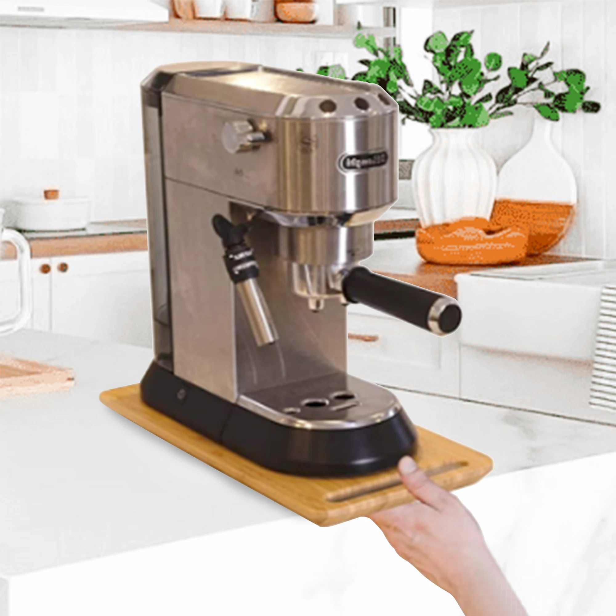 Bamboo Under Cabinet Sliding Tray with Smooth Rolling Wheels Countertop Kitchen Appliances Storage Holder for Coffee Maker