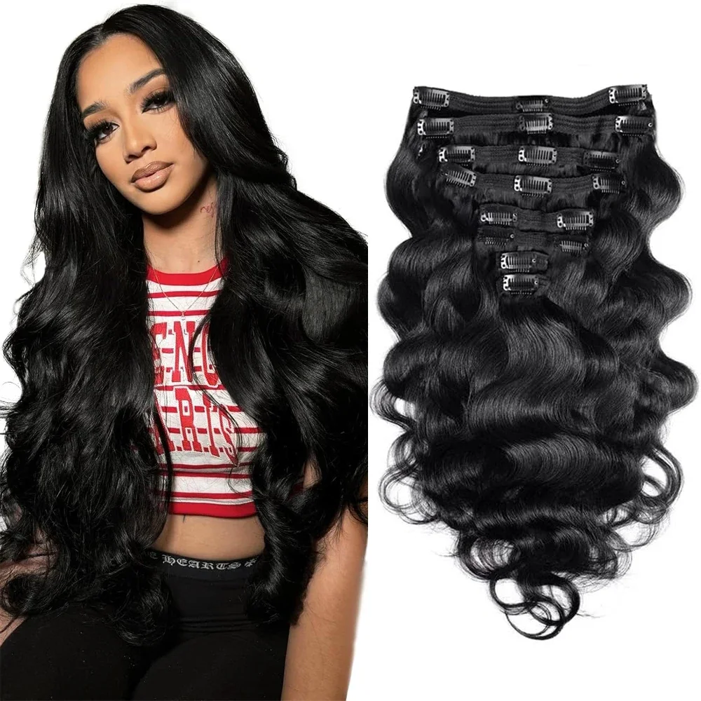 Body Wave Clip-In-Haarverlängerungen, 100 % Echthaar, brasilianisches Clip-In-Haar für den ganzen Kopf, natürliches Schwarz, Clip-Ins, Remy-Haar für Frauen_voghion.com