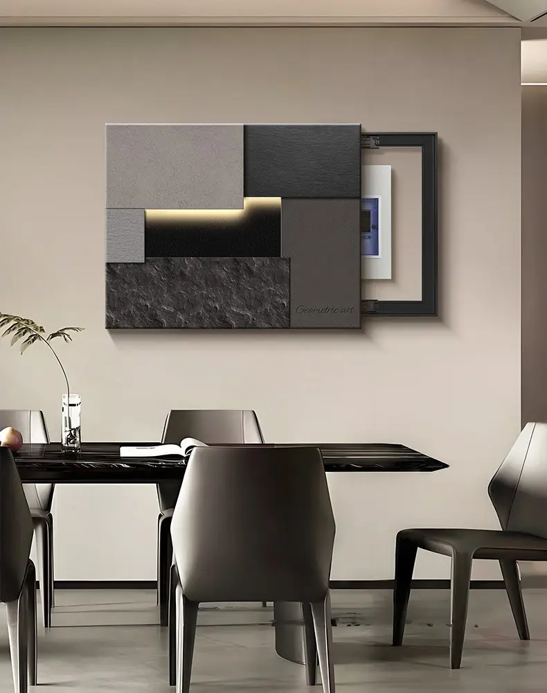 Neutral Geometric Electrical Box Cover Wall Art Canvas Print Textured Panels With LED Lights Minimalist Modern Home Living Room