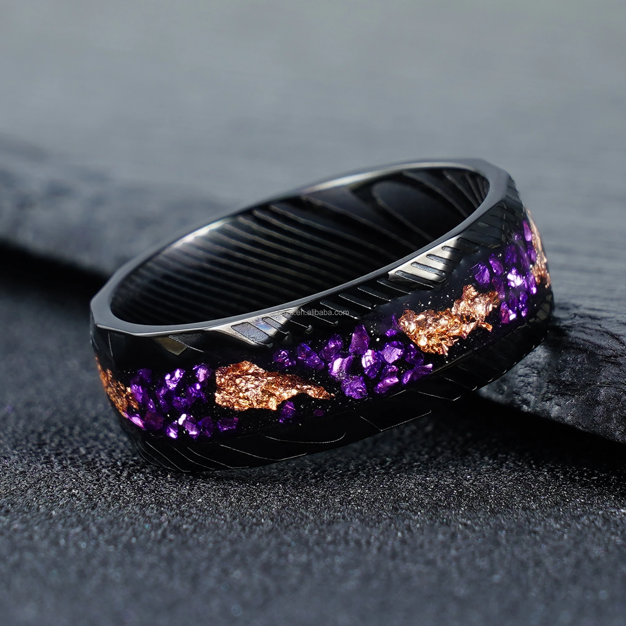 POYA 8mm Purple Gravel Gold Foil Inlay Black Steel Ring