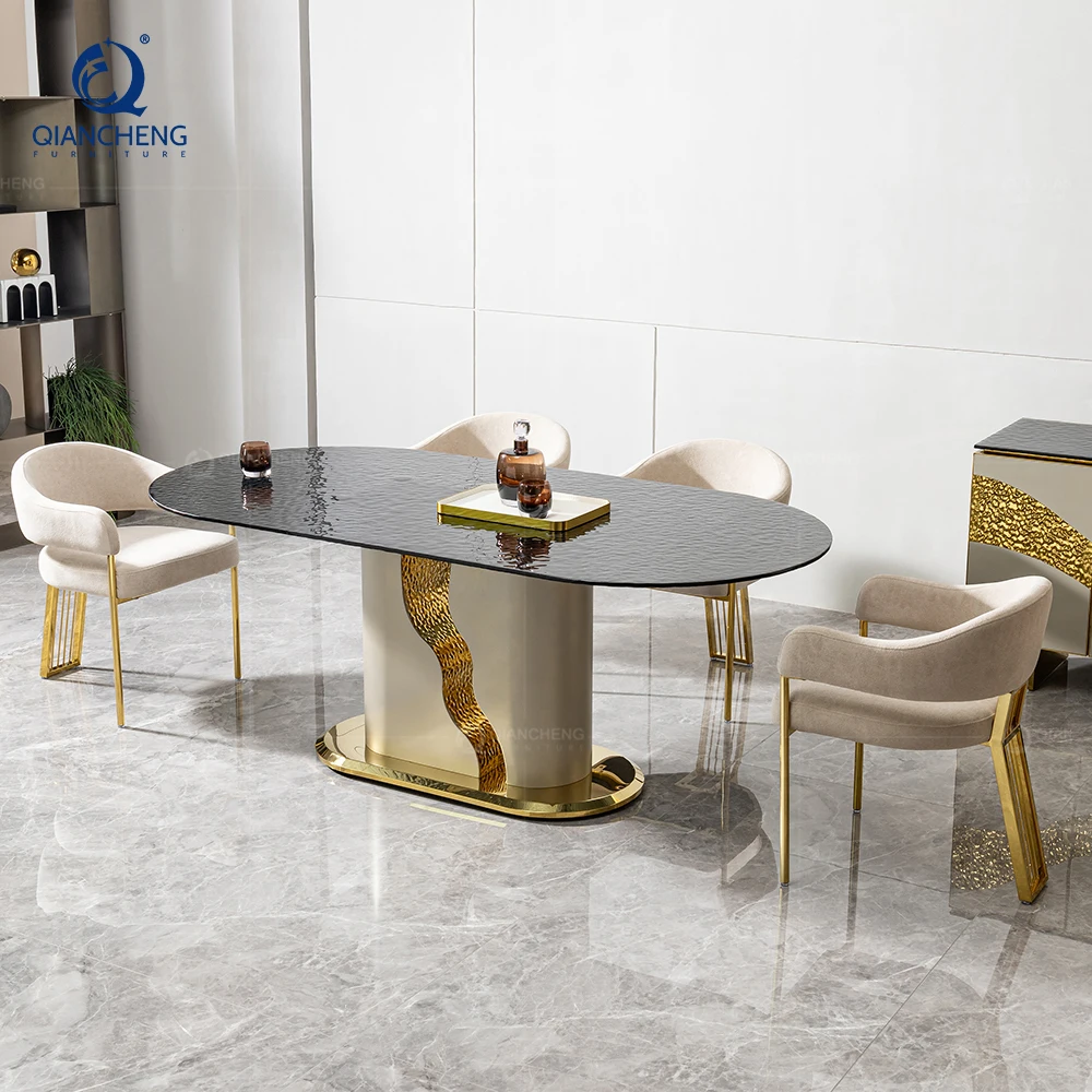 Modern Style Elegant Dining Table for Luxury Villa Furniture Complete Design Wave Stainless Steel Base Large Size Oil Dining Set