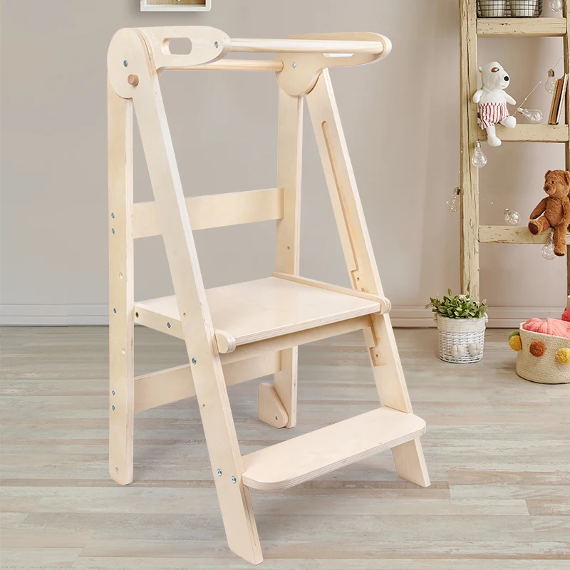 Custom Baby Chair Adjustable Folding Kitchen Helper Step Stool Wooden Montessori Kid Learning Tower For Toddler