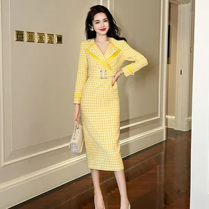 ZYHT 30740 Vintage Lapel Women Career Dresses Yellow Plaid Formal Trench Midi Professional Tweed Office Dress With Belt